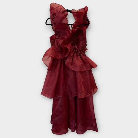 knee length dresses for ladies Amaia Cascading Ruffle Midi Dress - Terracotta Floral Print Silk Flutter  Sleeve Dress main image 0